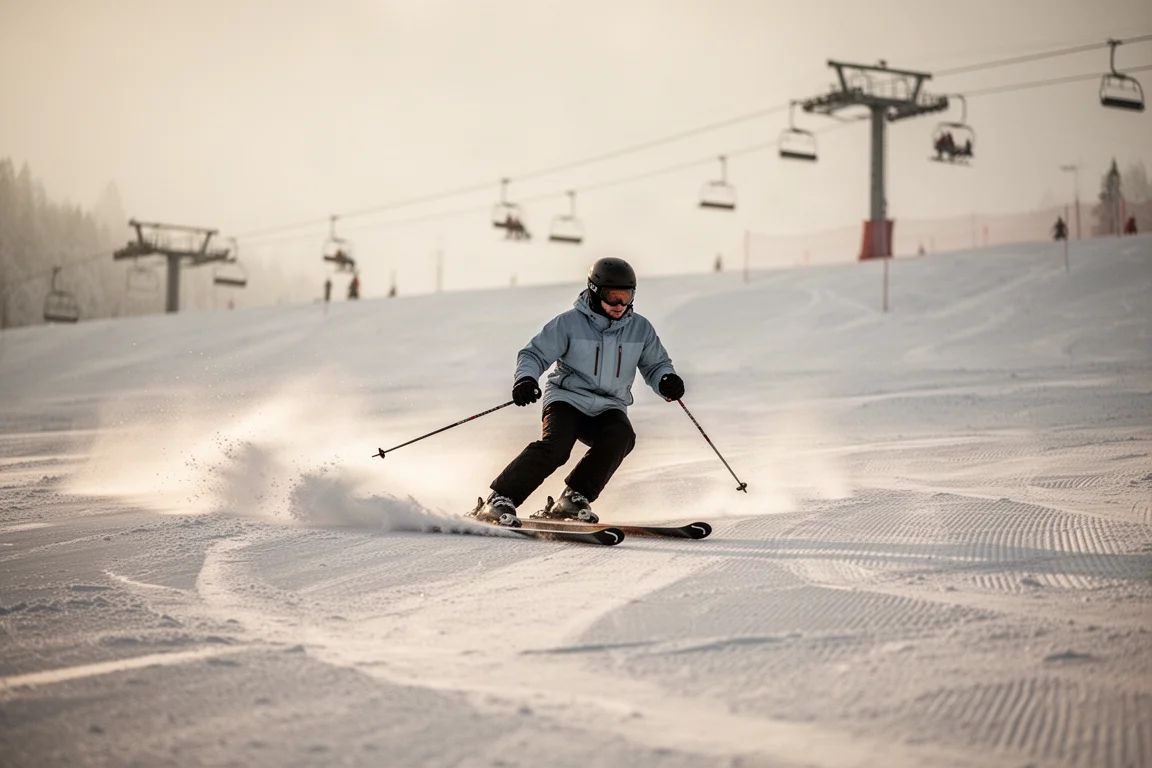 Skieur intermédiaire s'entraînant aux virages sur une large pente douce