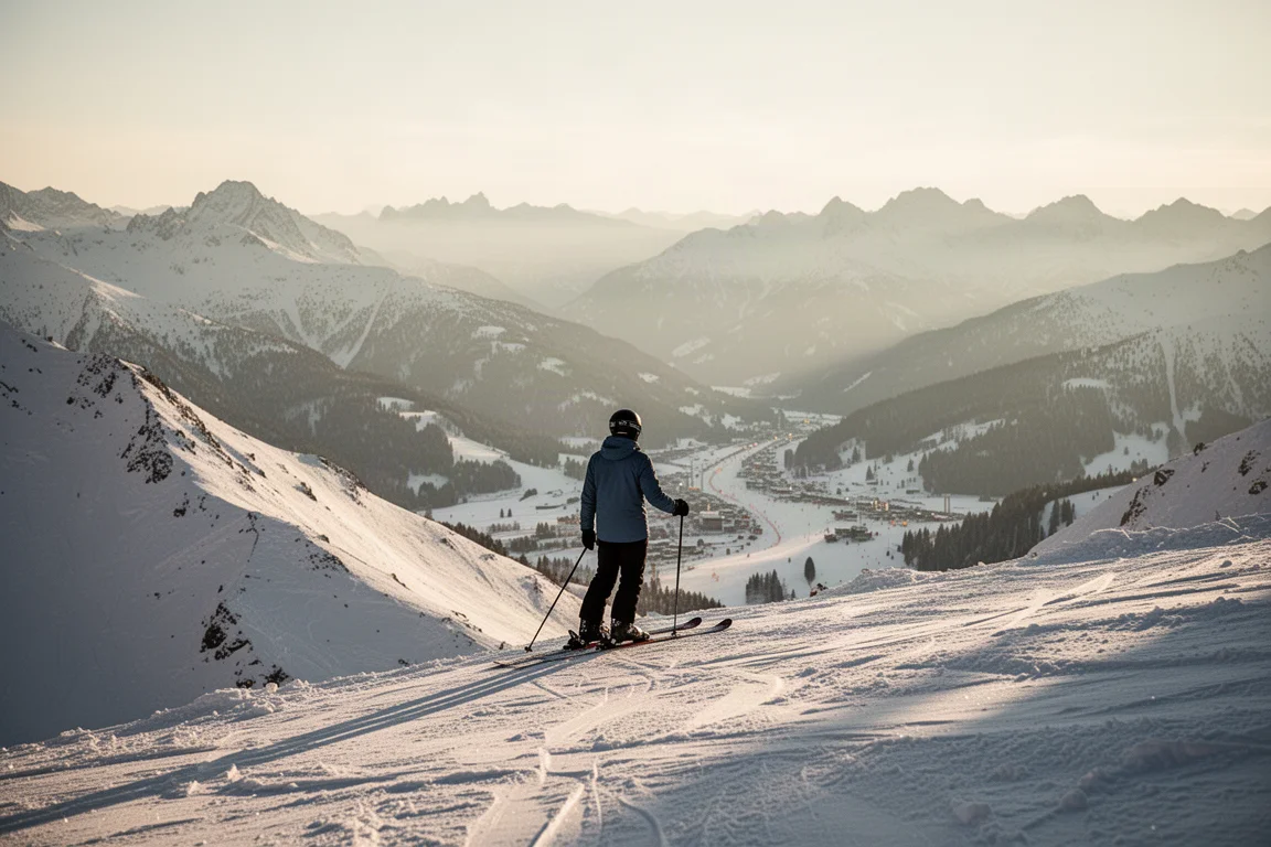 Skieur marquant une pause sur une crête surplombant la vallée d'une station de ski