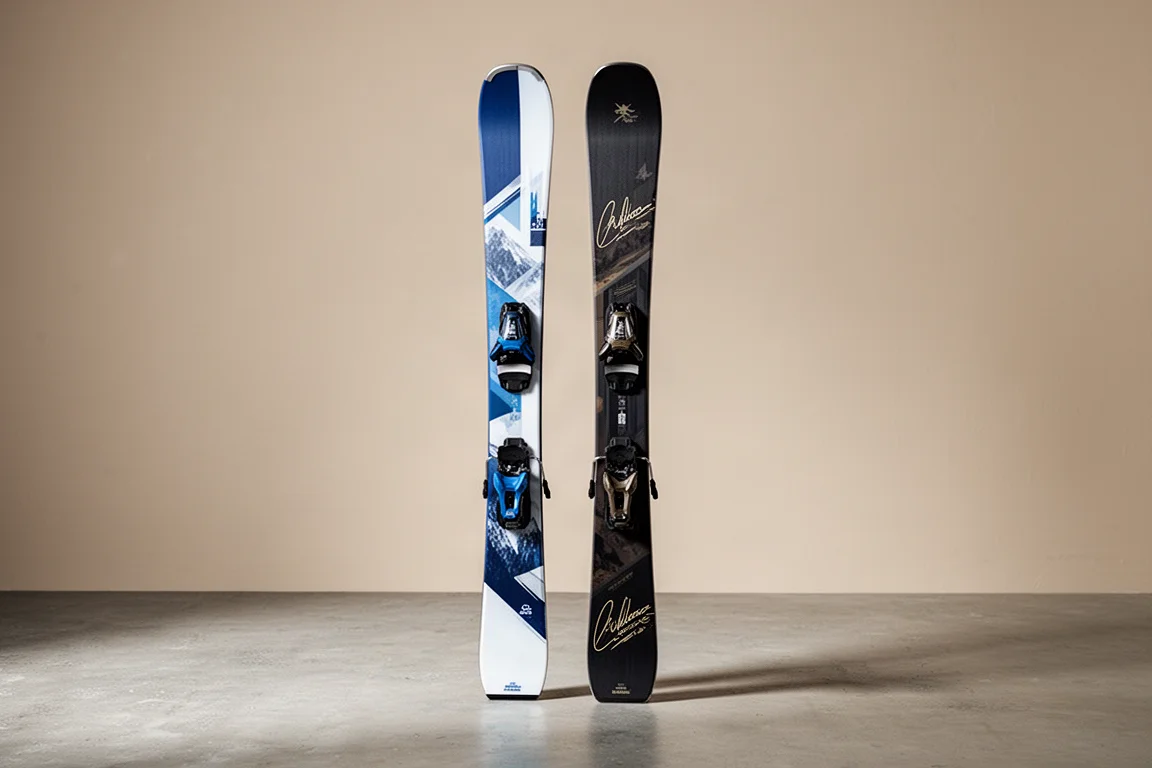 Skis Armada Declivity 92 et Peak 88 dressés verticalement sur une surface en béton