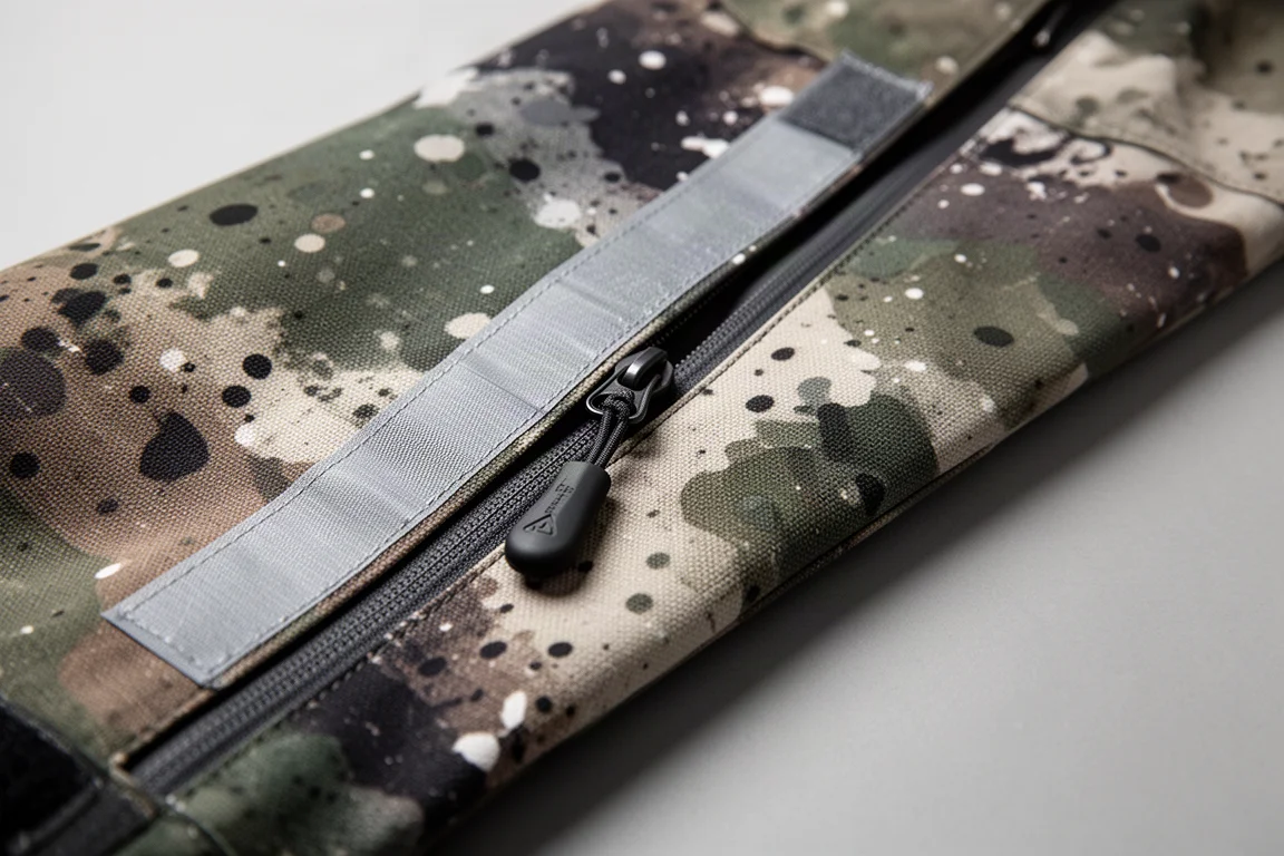 Close-up of a rugged three-layer ski shell fabric with a taped seam and waterproof zipper