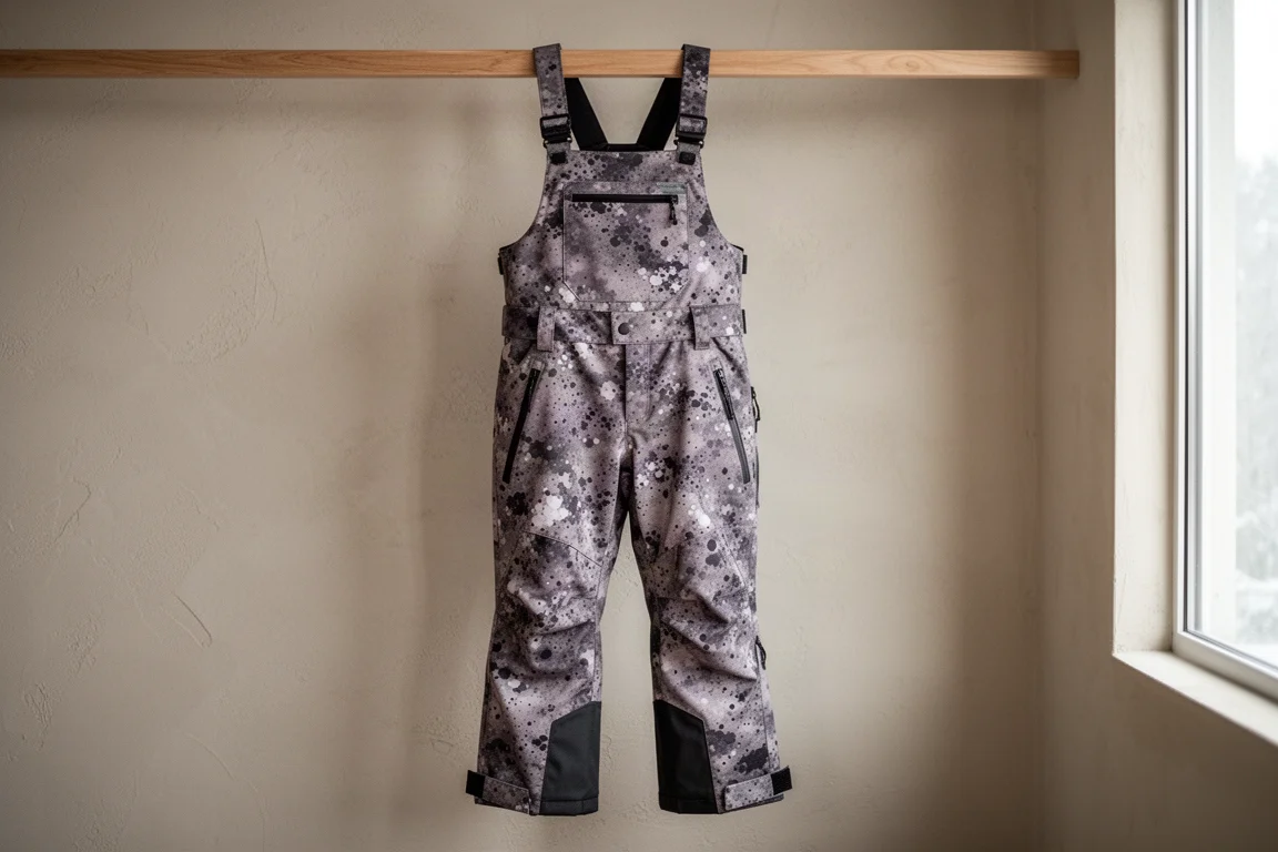 Ski bib pant in camo splatter print hanging on a wooden rail with side zip and cuffs visible