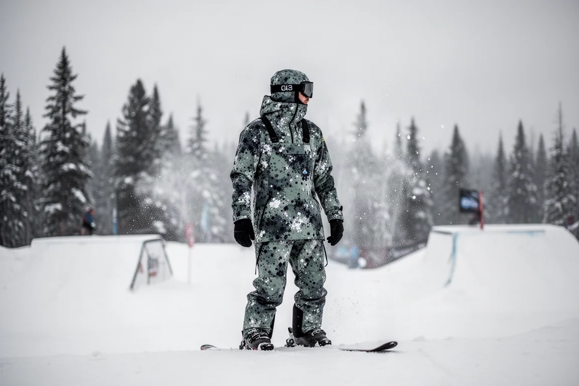 Skier in camo shell jacket and bib pant at the edge of a snowy terrain park