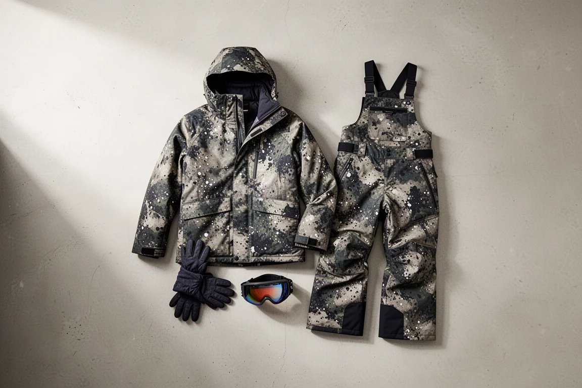 Flat-lay of ski shell jacket and bib pant with gloves and goggles on pale concrete