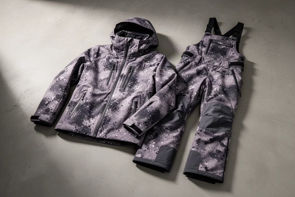 Armada Grands jacket and Emmons bib pant in camo splatter print arranged on concrete