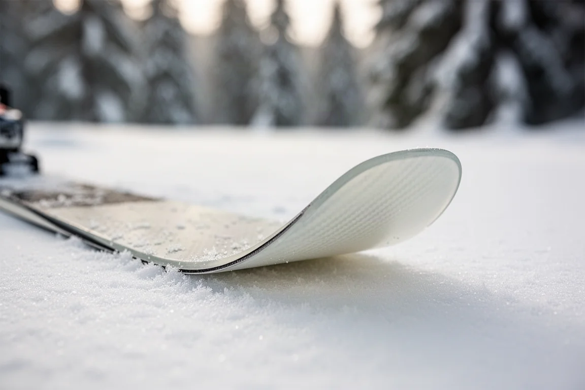 Gros plan sur le dessus d'un ski montrant de fines lignes de longerons en carbone près du patin arrière