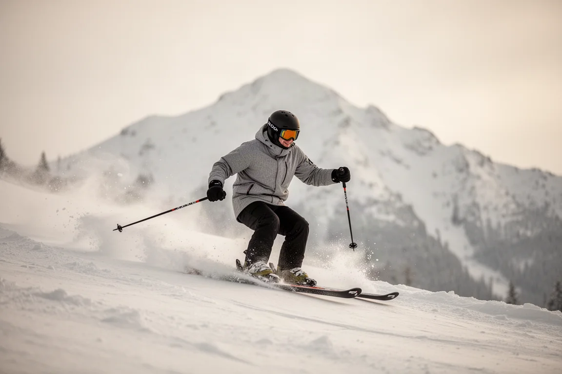 Skieur de randonnée effectuant un virage dans de la neige travaillée par le vent en terrain raide entre les arbres