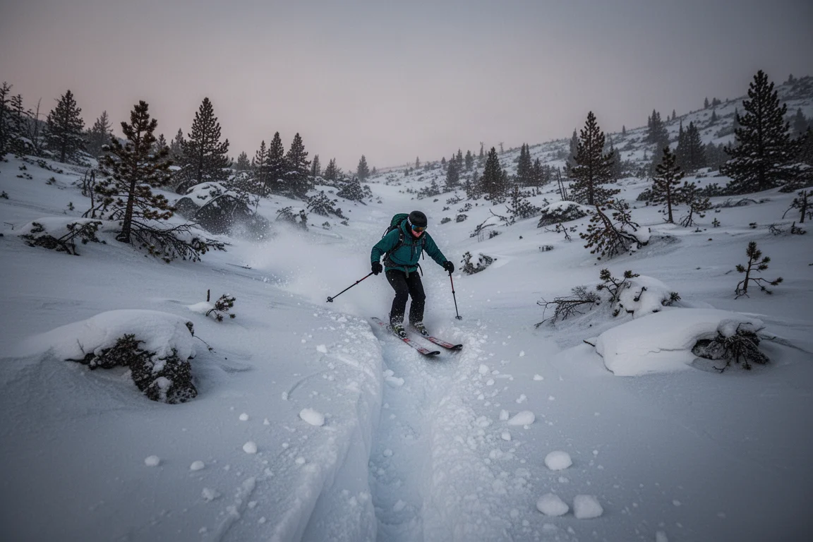 Skis de randonnée et bâtons posés sur une crête enneigée balayée par le vent, montagnes en arrière-plan