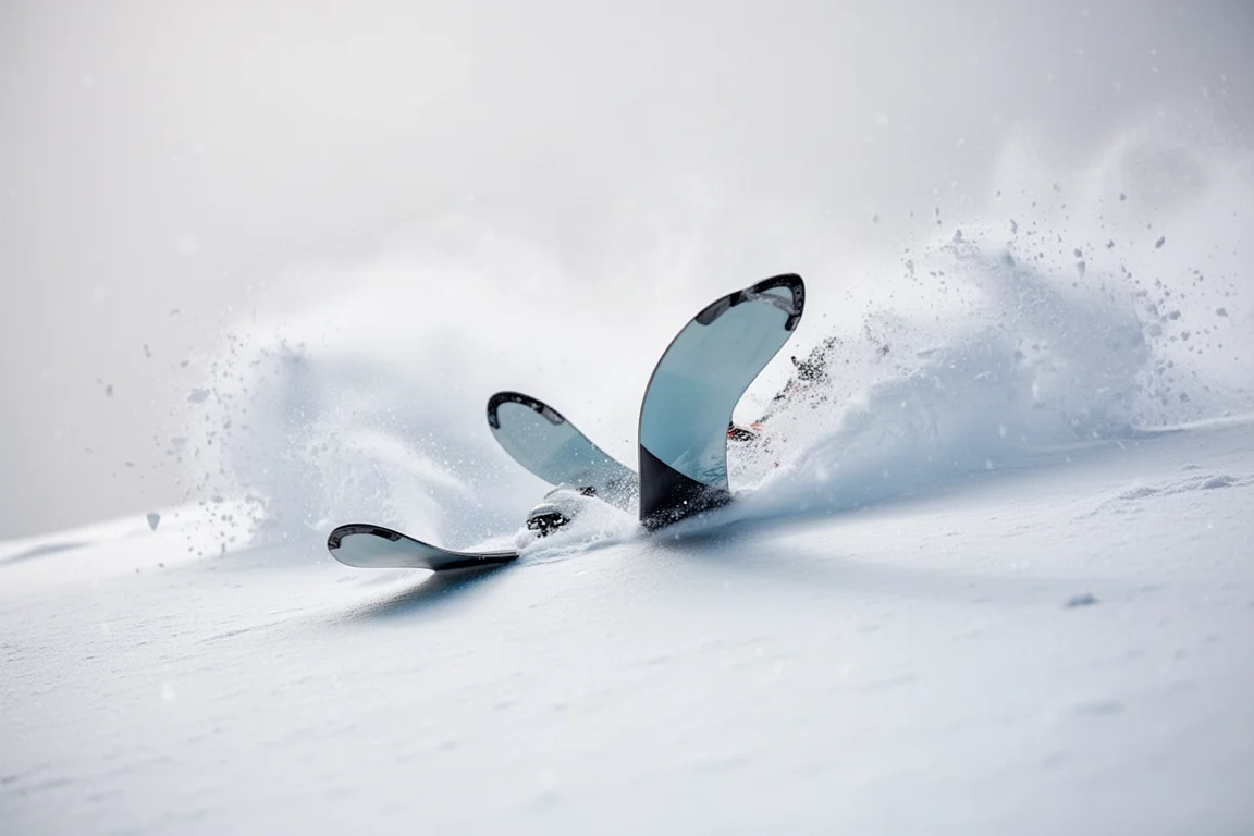 Close-up of a ski mid-body sidewall showing wood core layers and slim carbon rods