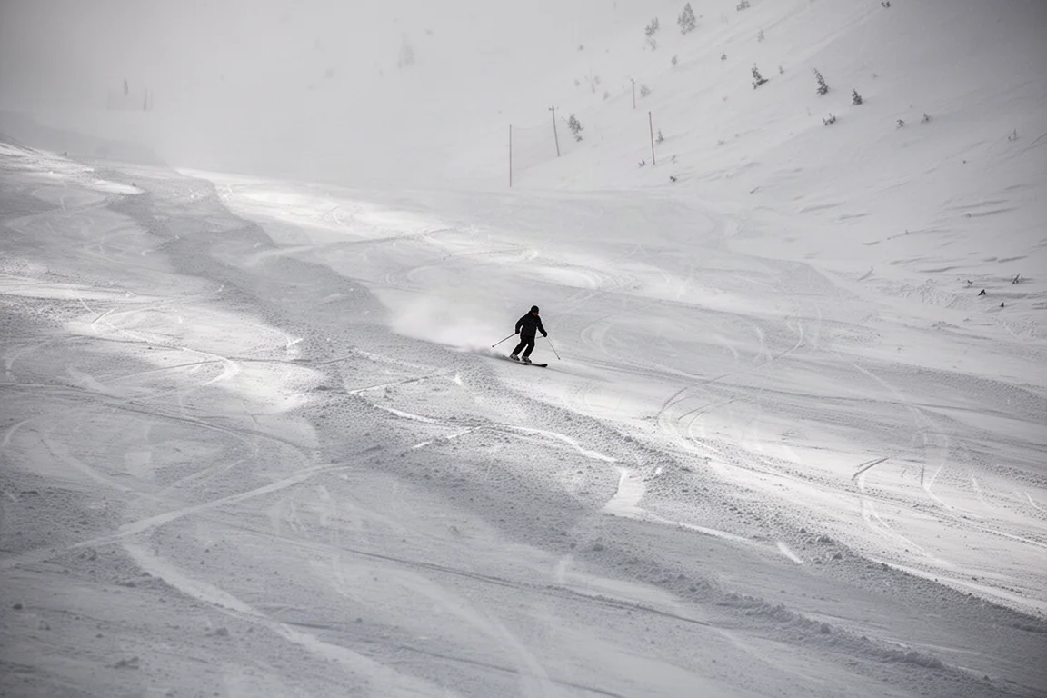 Two pairs of freeride skis of different lengths planted in fresh snow