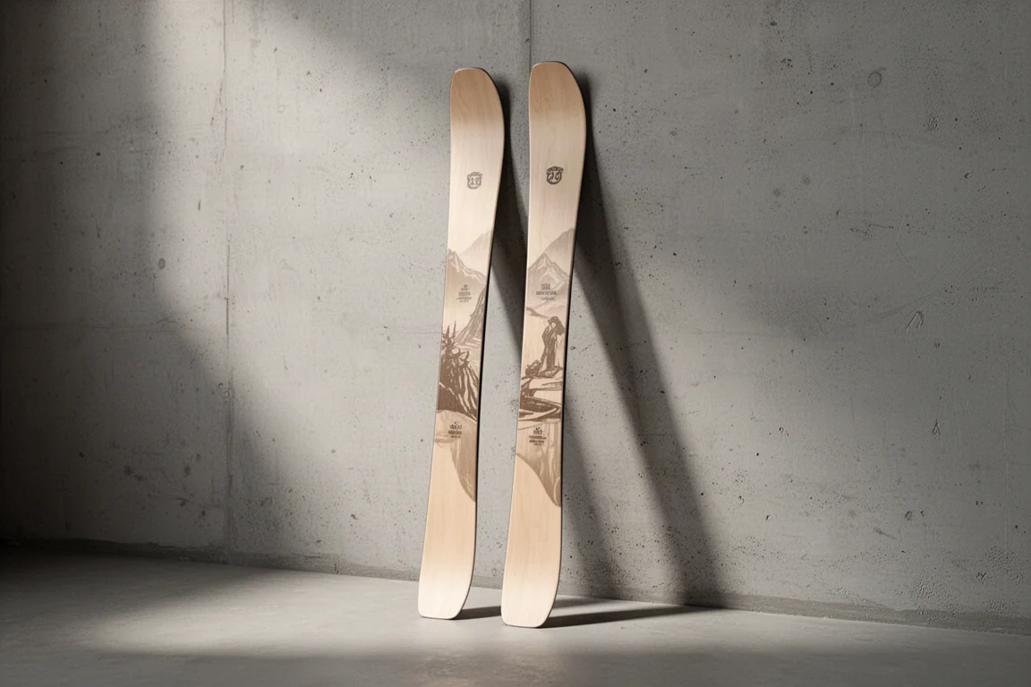 Pair of freeride twin tip skis with wide waist leaning against a concrete wall