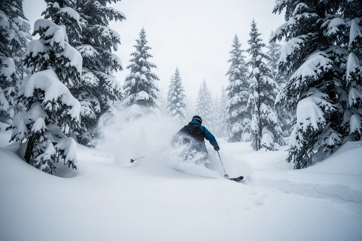 Skier carving through deep powder between snow-laden conifer trees