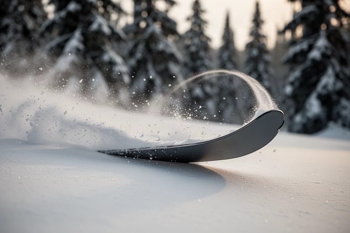 Close-up of a wide ski tip planing through fresh powder snow