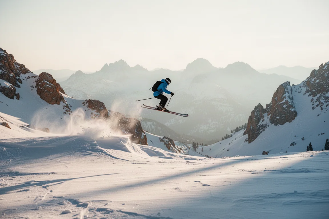 Backcountry skier airborne off a natural wind lip in alpine terrain