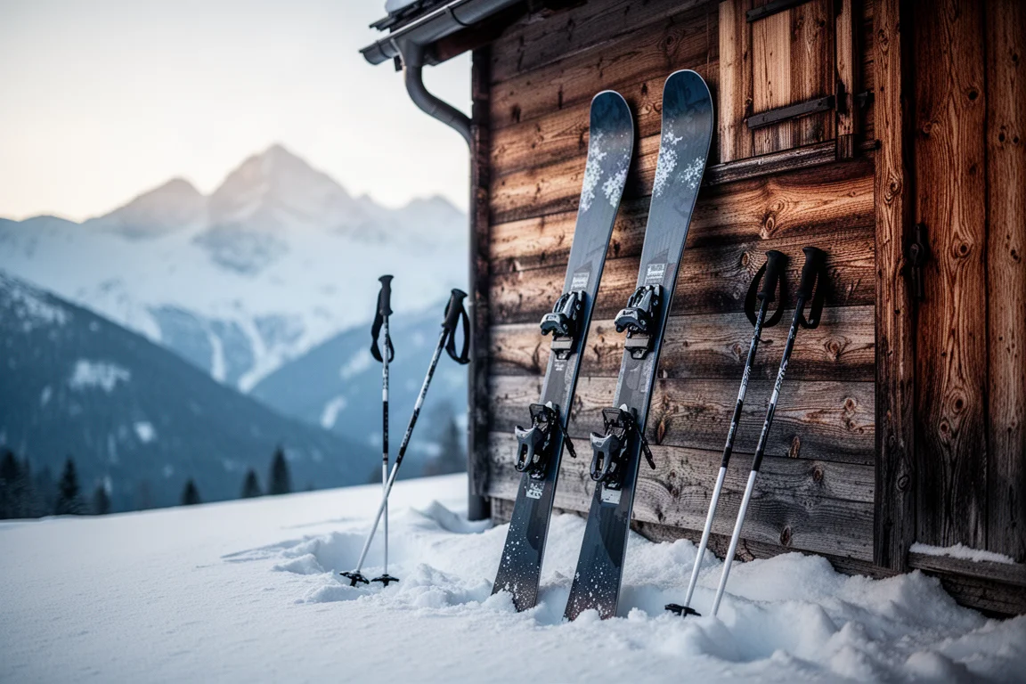 Two freeride skis leaning against a timber ski hut wall in morning light