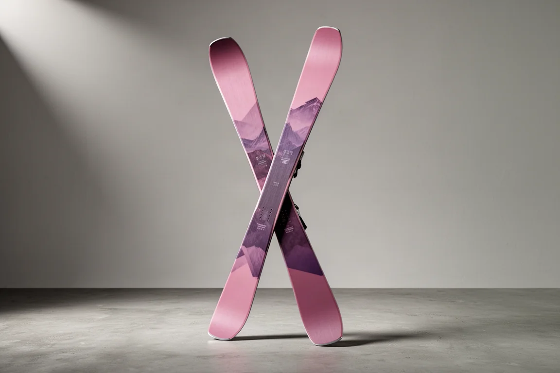 Wide freeride twin tip skis standing upright on a matte concrete studio surface