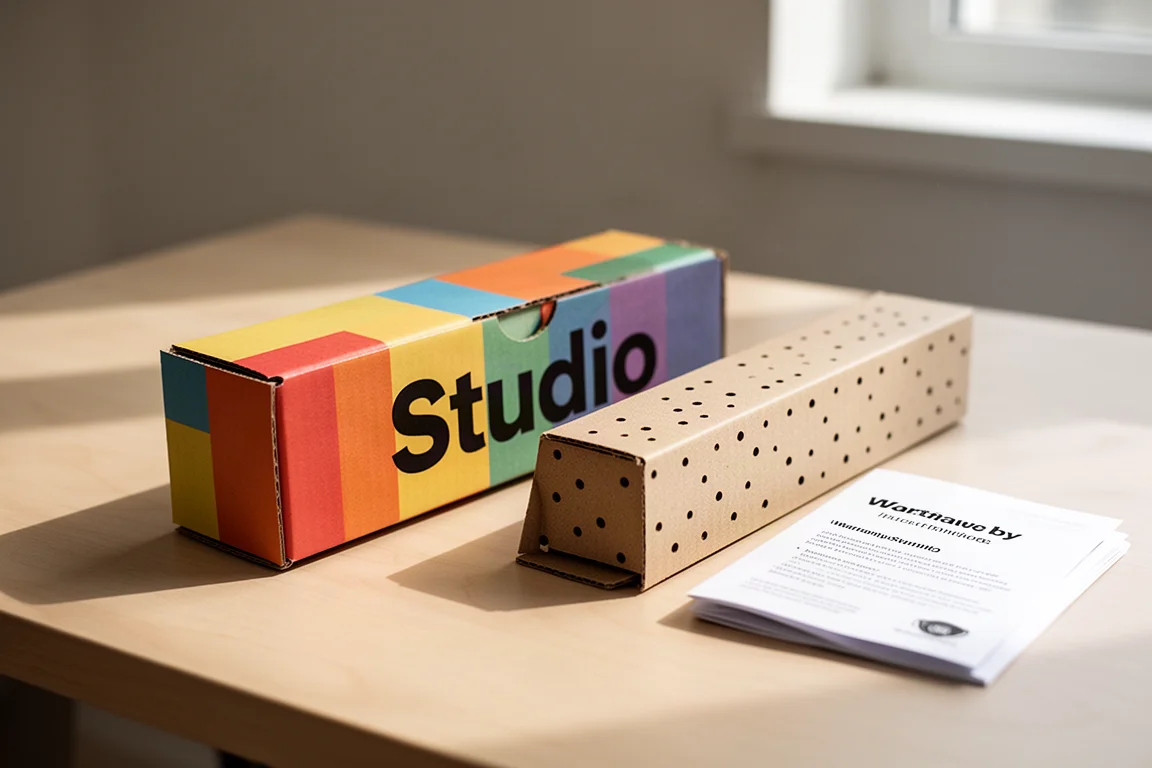 Emballage de stylo-plume avec une boîte en carton colorée et une manchette perforée
