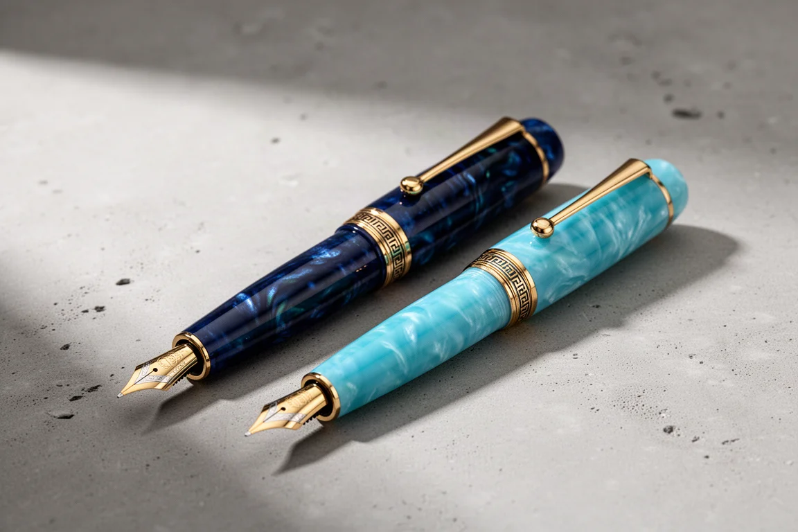 Two fountain pens in blue finishes with gold trim on a concrete surface