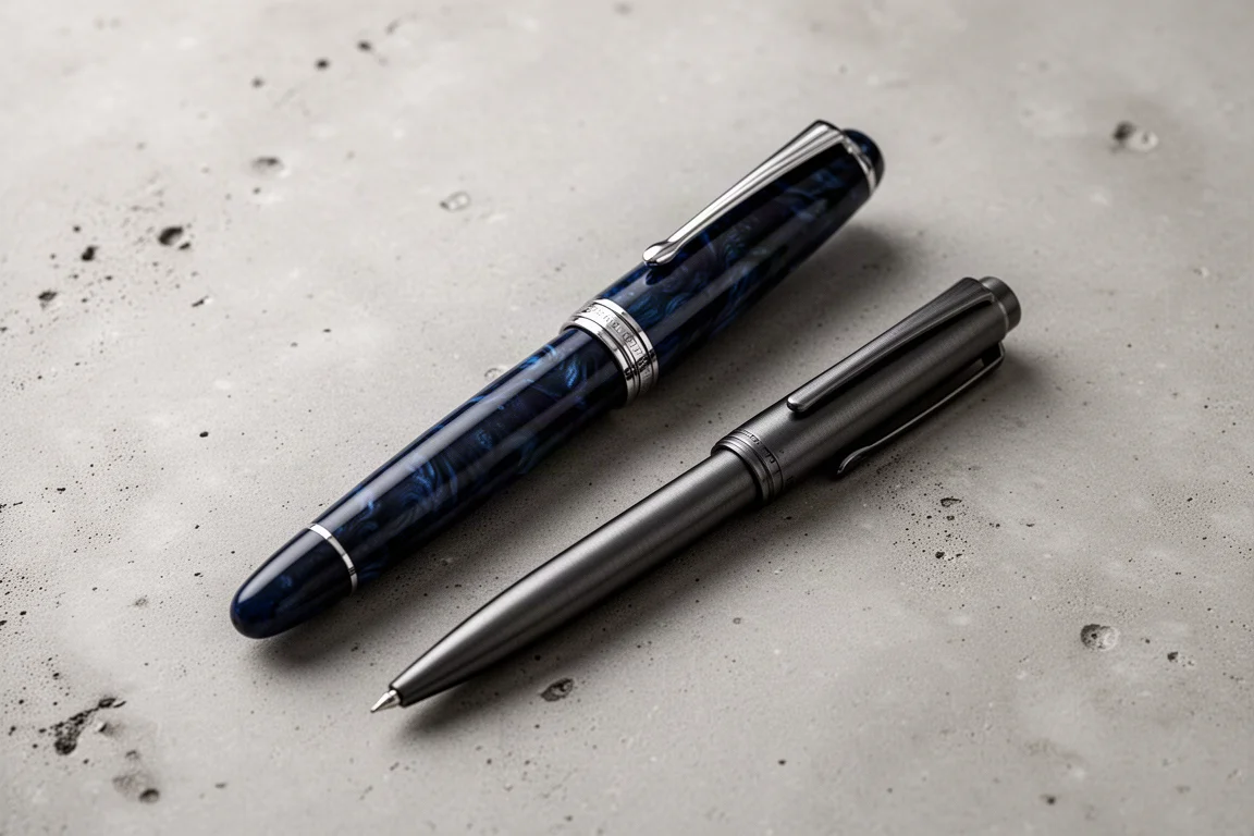 Penna stilografica blu in celluloide chiusa accanto a una penna in acciaio più piccola come confronto