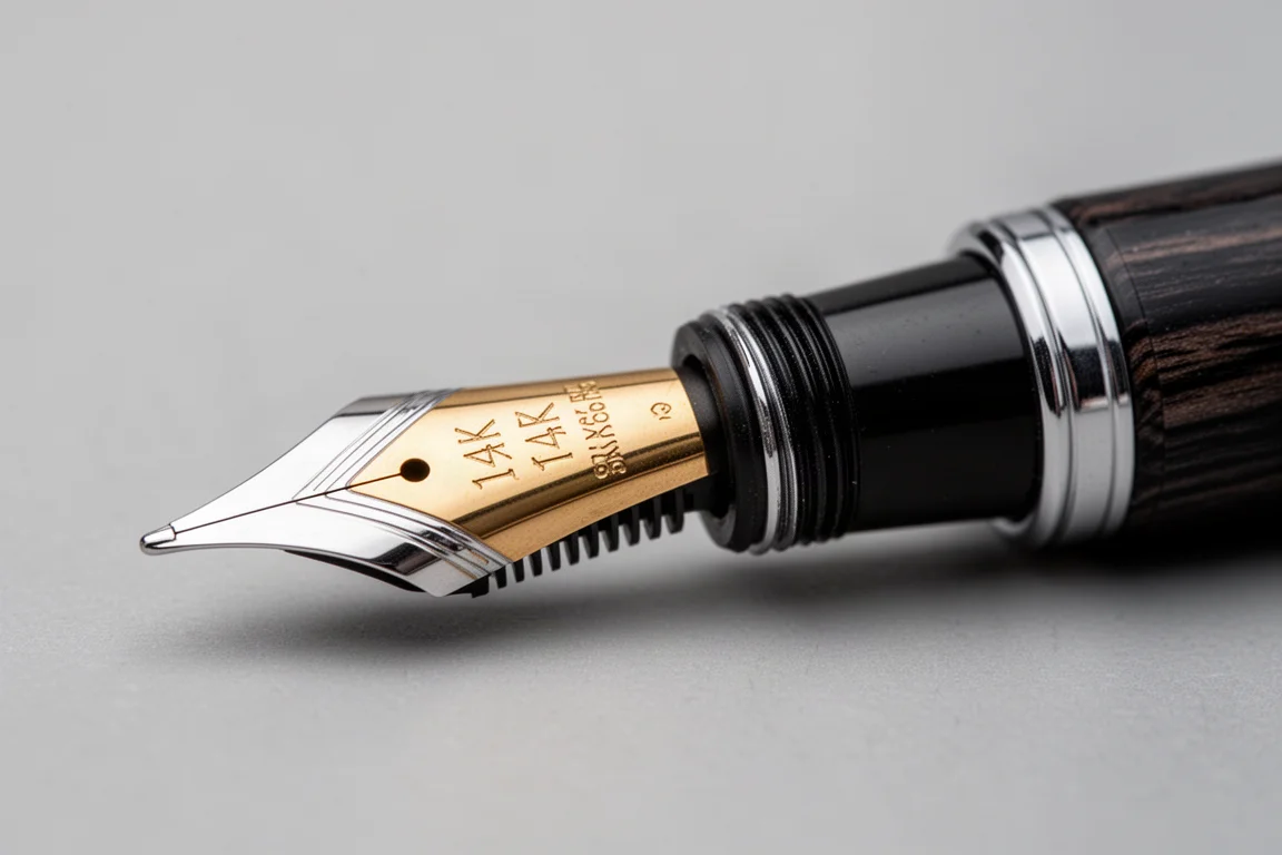Primo piano dell'unità pennino di una penna stilografica e del feeder in ebanite