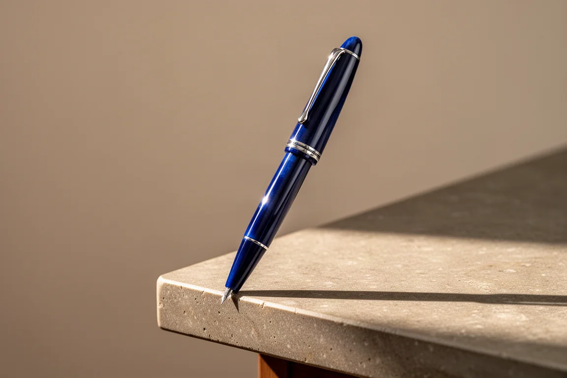 Penna stilografica blu in celluloide appoggiata al bordo di una scrivania