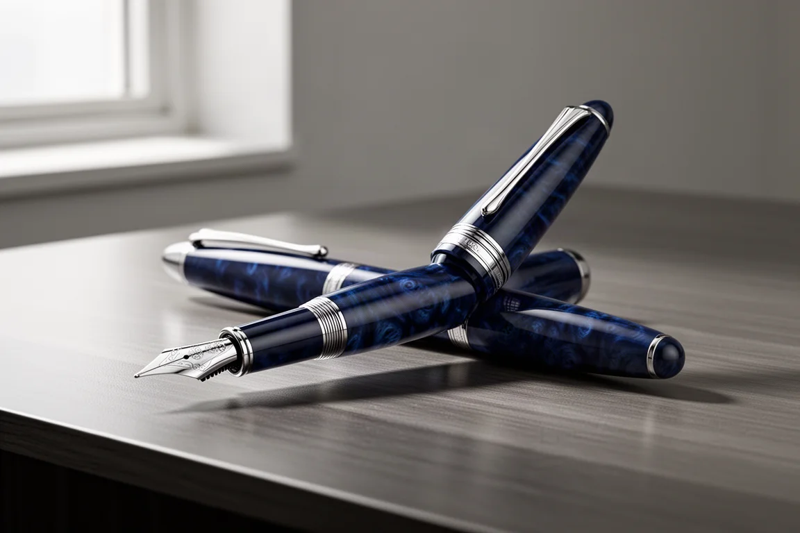 Blue celluloid fountain pen with rhodium trim resting on a wooden desk