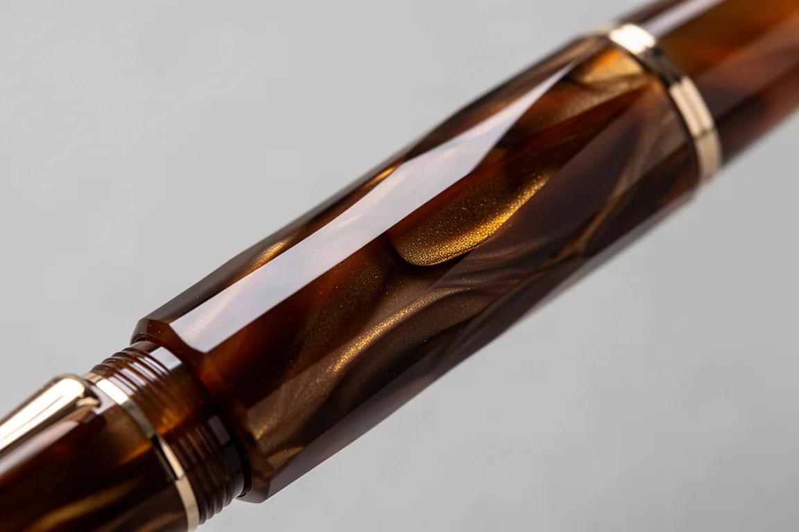 Faceted bronze-bronze Arco celluloid fountain pen body catching light
