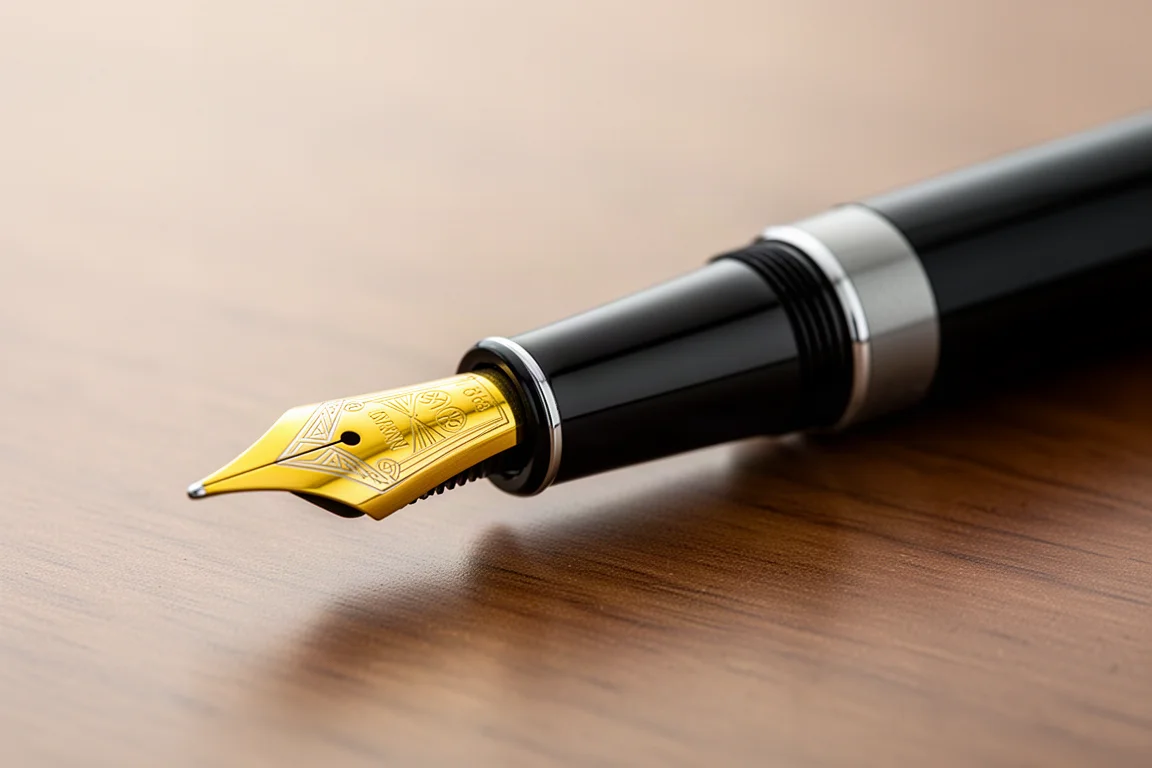 Uncapped gold fountain pen nib and grip section on a desk