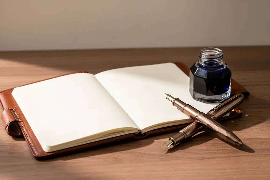 Fountain pen collection arranged on a wooden writing desk