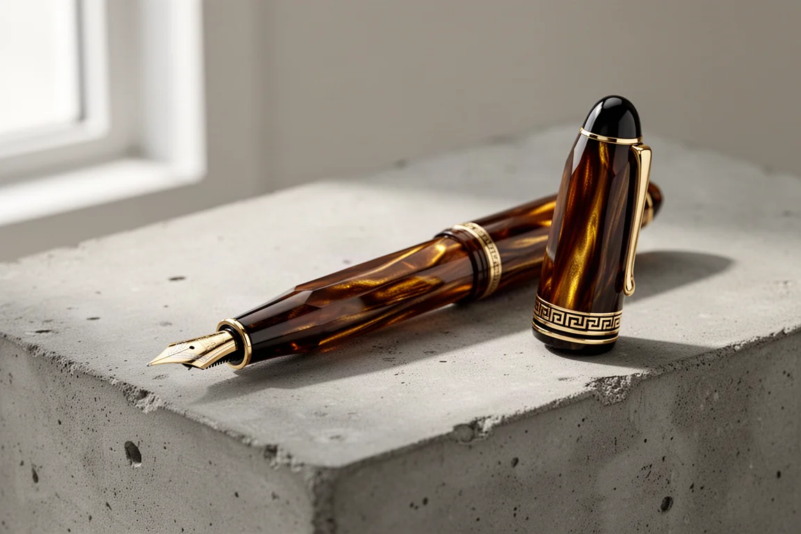 Faceted bronze Arco celluloid fountain pen with gold trim on concrete surface