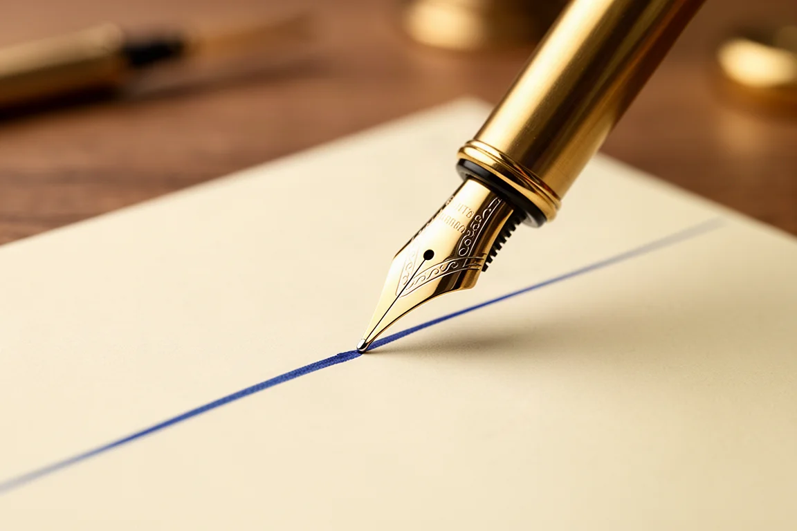 Nib pióra wiecznego piszący niebieskie linie na kremowym papierze