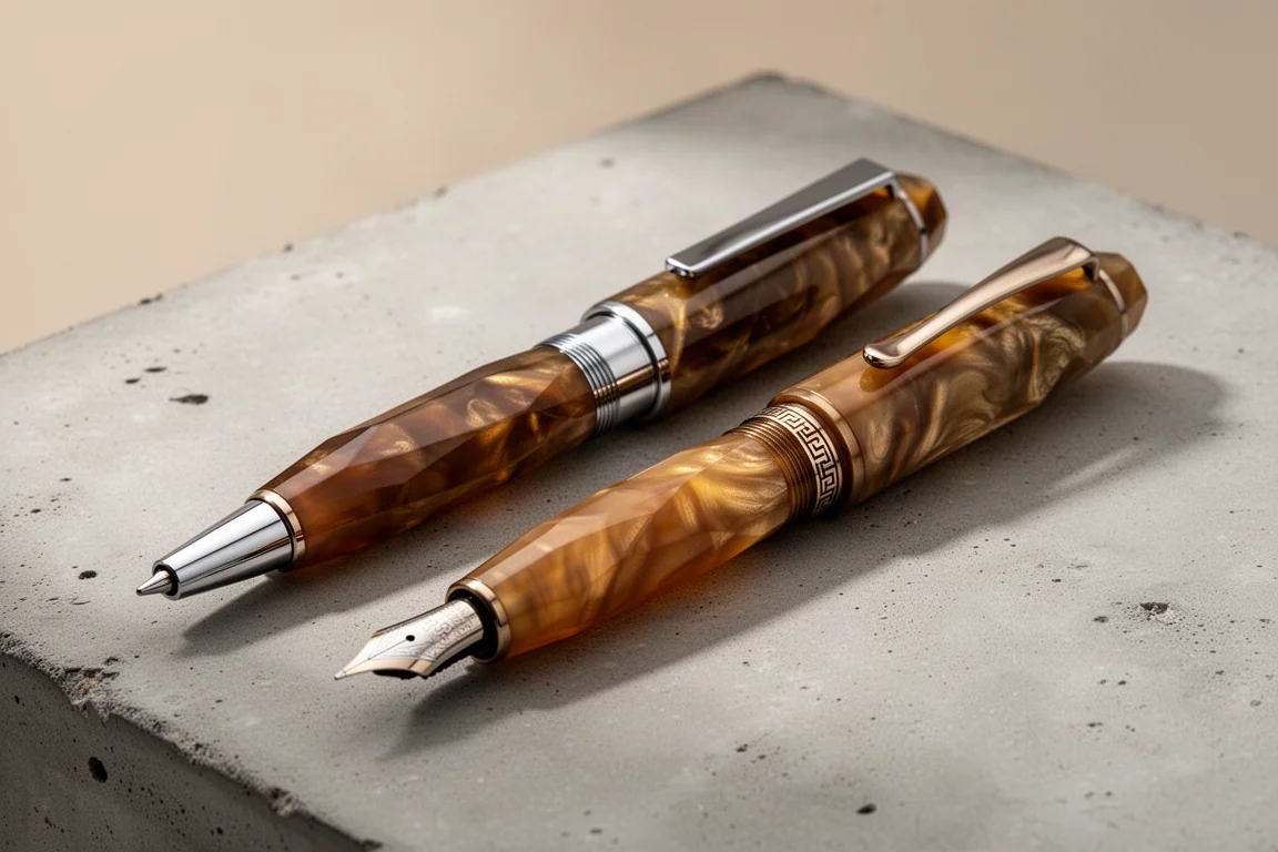 Two faceted bronze celluloid fountain pens side by side on a concrete surface