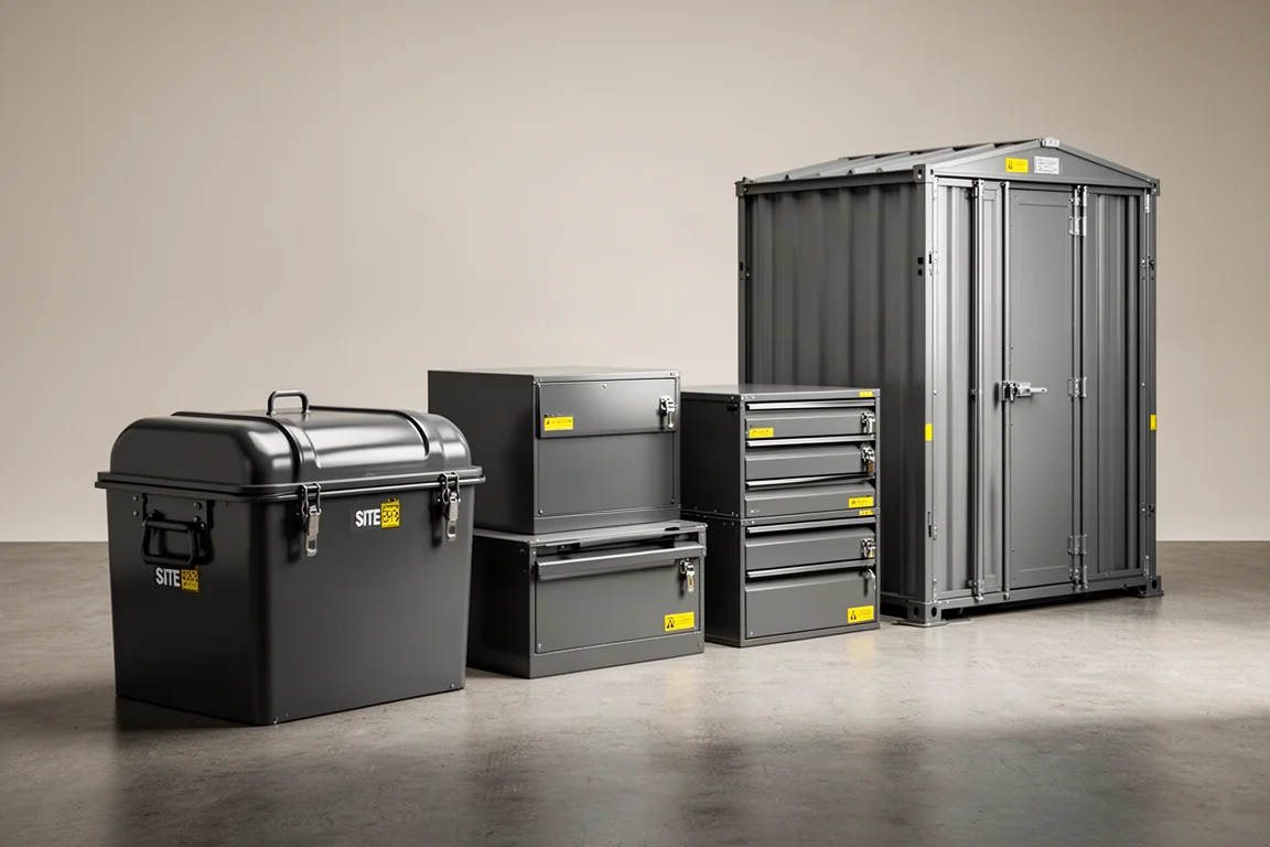 Lineup of steel site storage boxes, drawer units, and a collapsible shed on a concrete floor