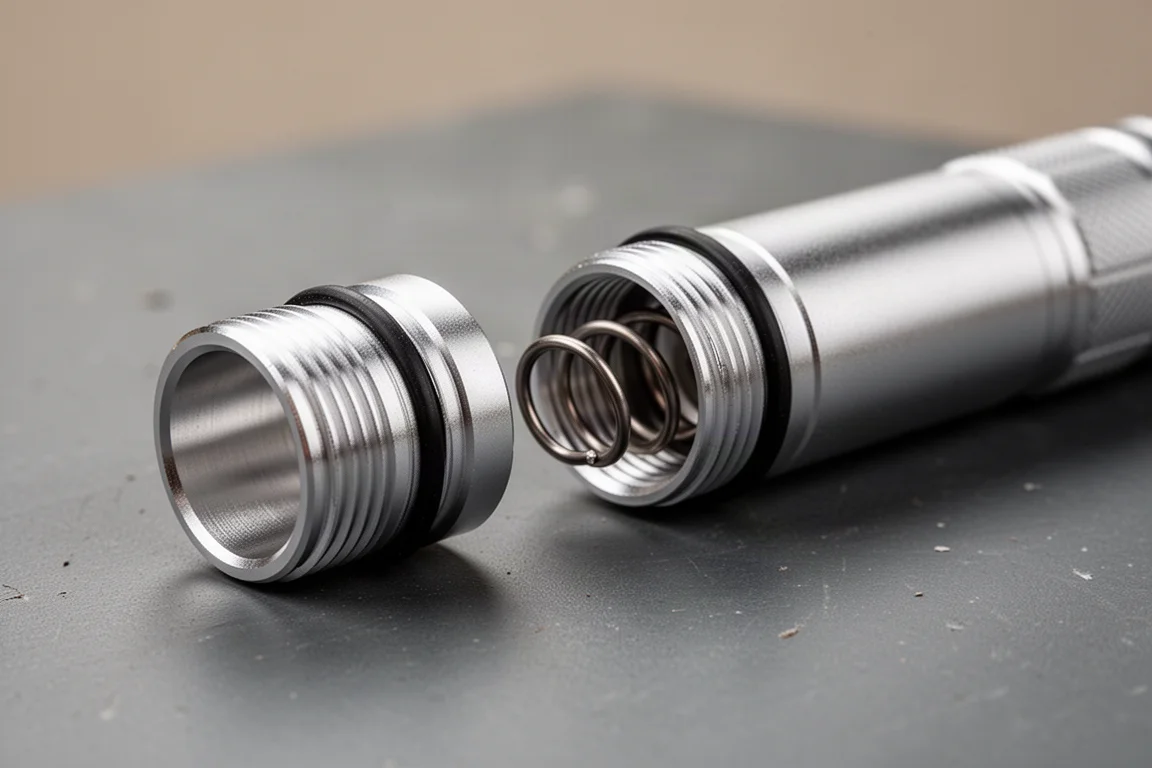 拆解後的電筒尾蓋,工作檯上可見 O 型環
