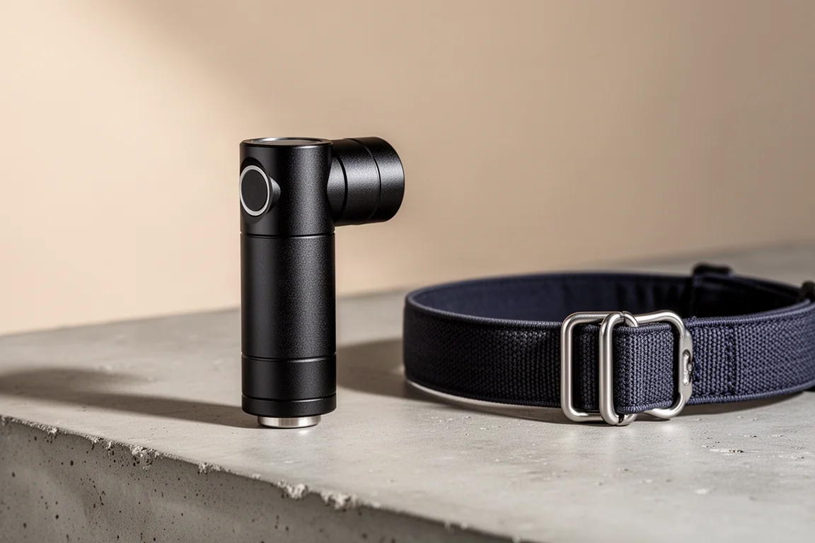 Compact right-angle flashlight with headband on a concrete surface