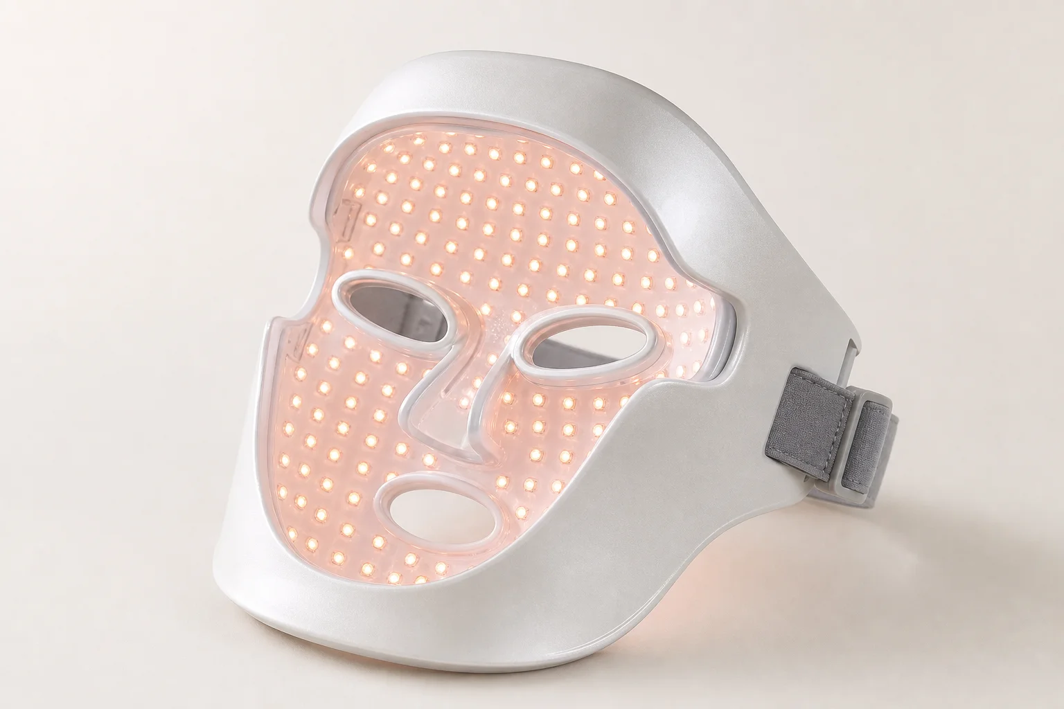 Cinque maschere per terapia facciale a LED disposte in un arco discendente su una superficie bianca
