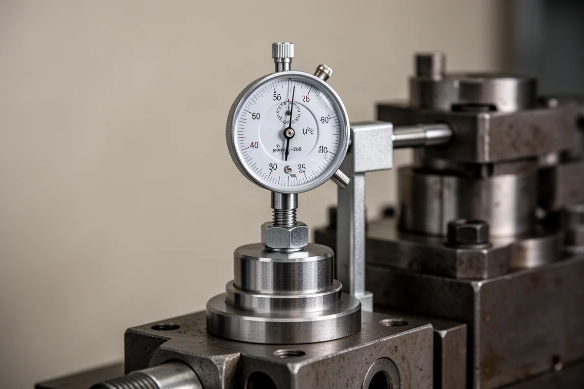 Reloj comparador instalado para medir el estiramiento del perno en un banco de pruebas de motor