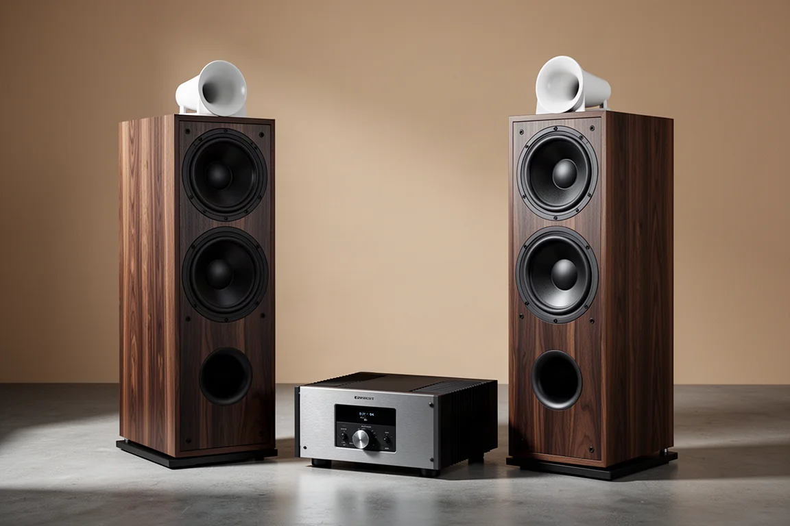 Pair of tall floorstanding speakers with a compact black power amplifier between them
