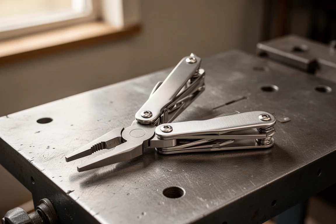Multi-tool in acciaio inox aperto in posizione di pinza su un banco da lavoro