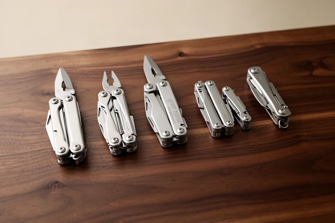 Diversi multi-tool disposti fianco a fianco su una superficie scura