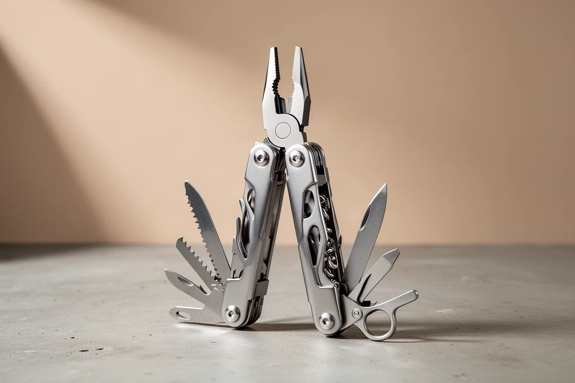 Stainless steel 20-in-1 multi-tool standing open on a concrete surface