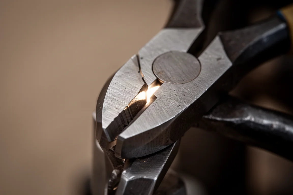 Close-up of flush cutting pliers jaws held up to the light showing tight closure
