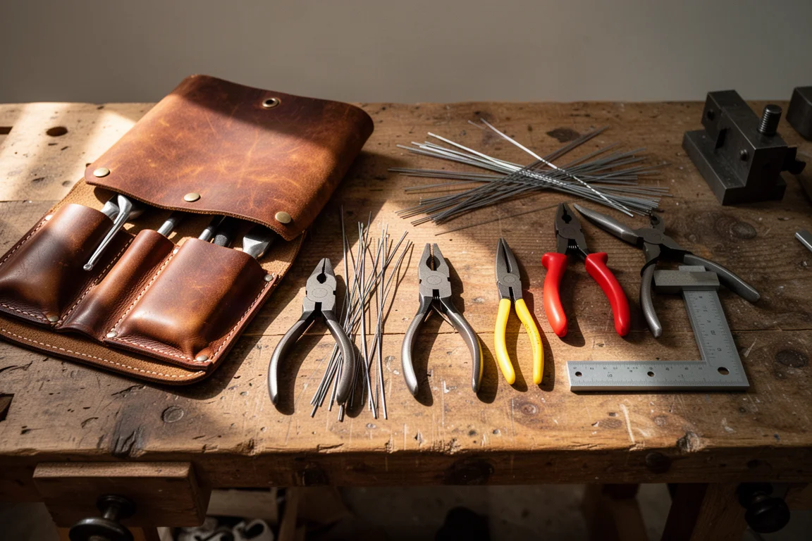 Tool rolls and pliers arranged on a workshop bench in warm light