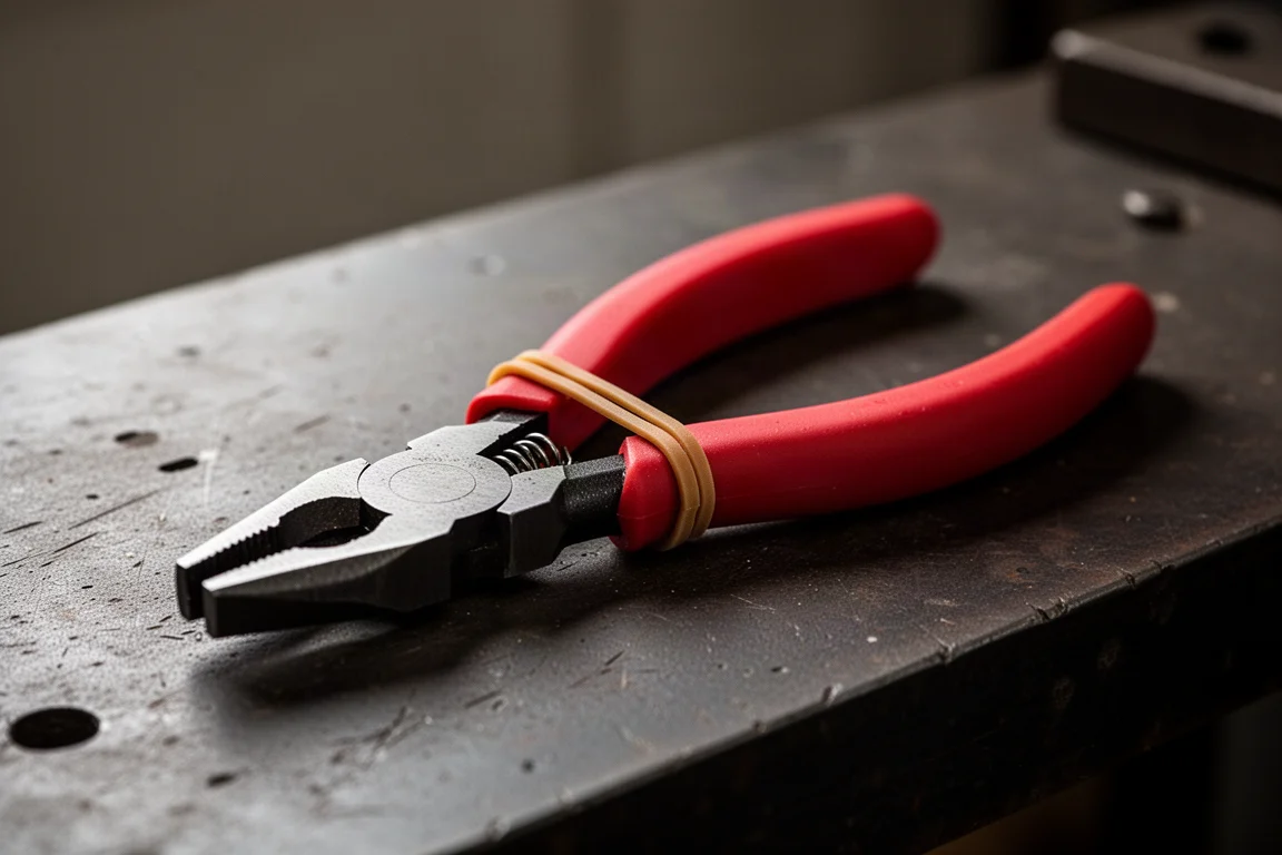 Plastic guard wrapped around plier handles on a workbench