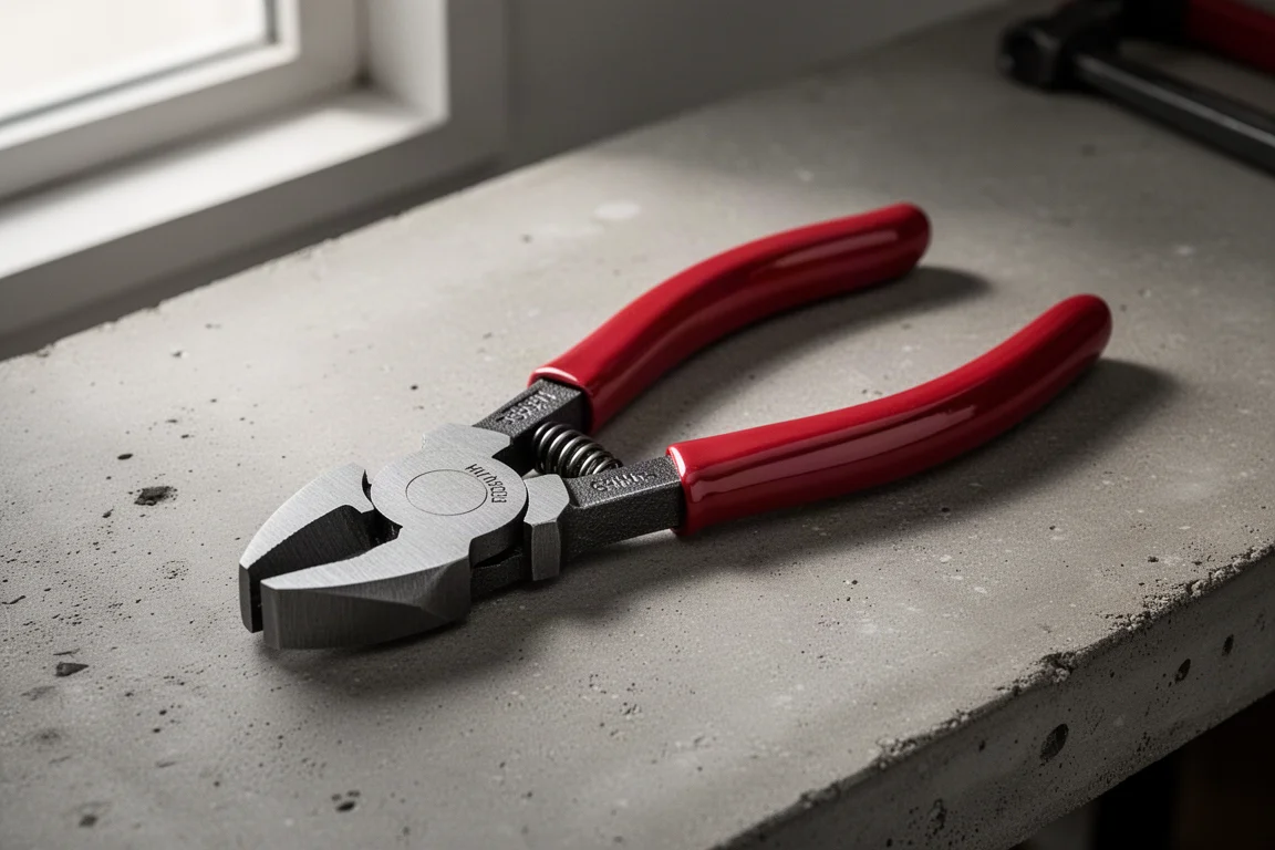 Arrow 6-inch flush side cutting pliers met rode gedoopte handvatten op een betonnen werkbank