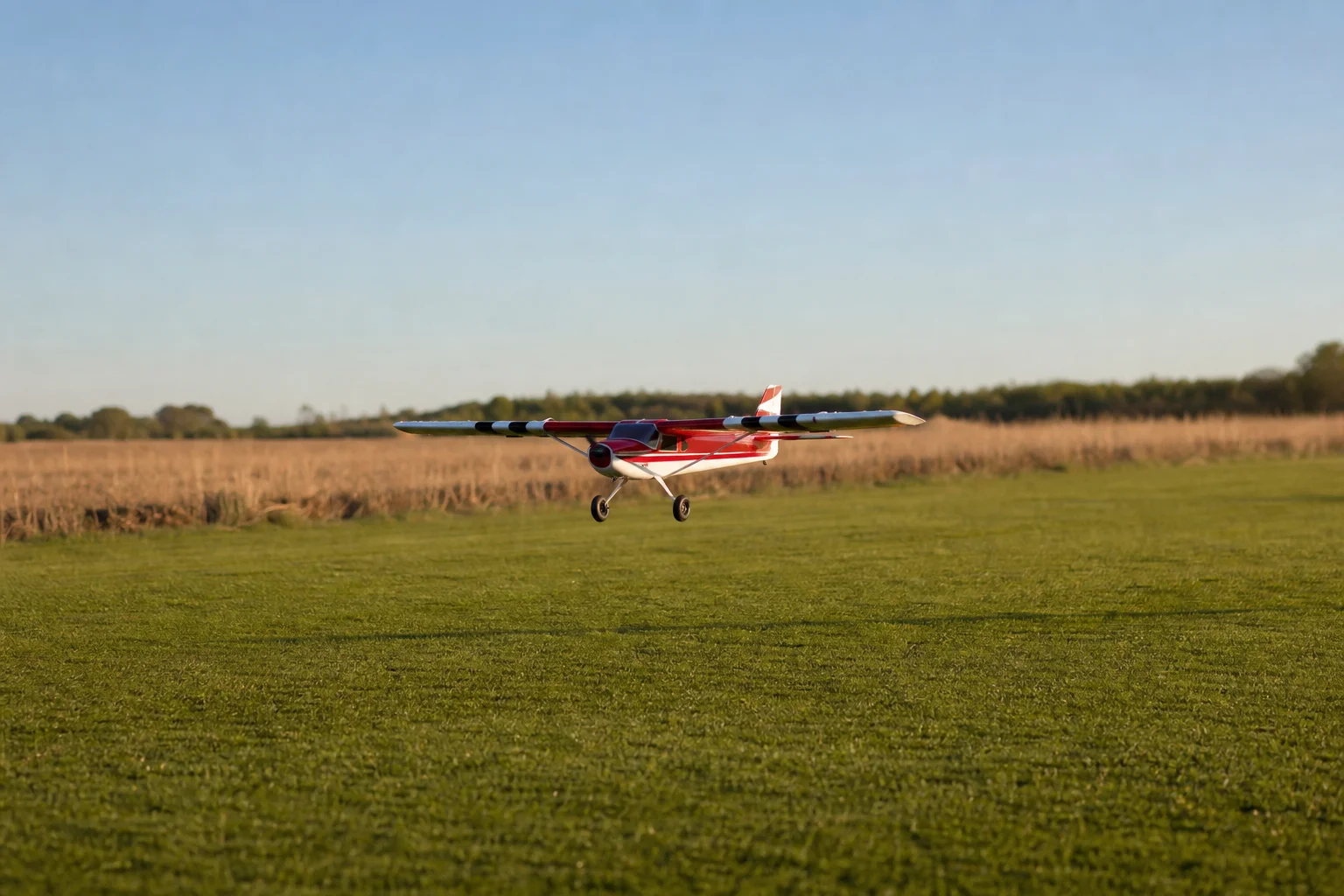 RC-Flugzeug beim Start von einer Graspiste im Nachmittagslicht