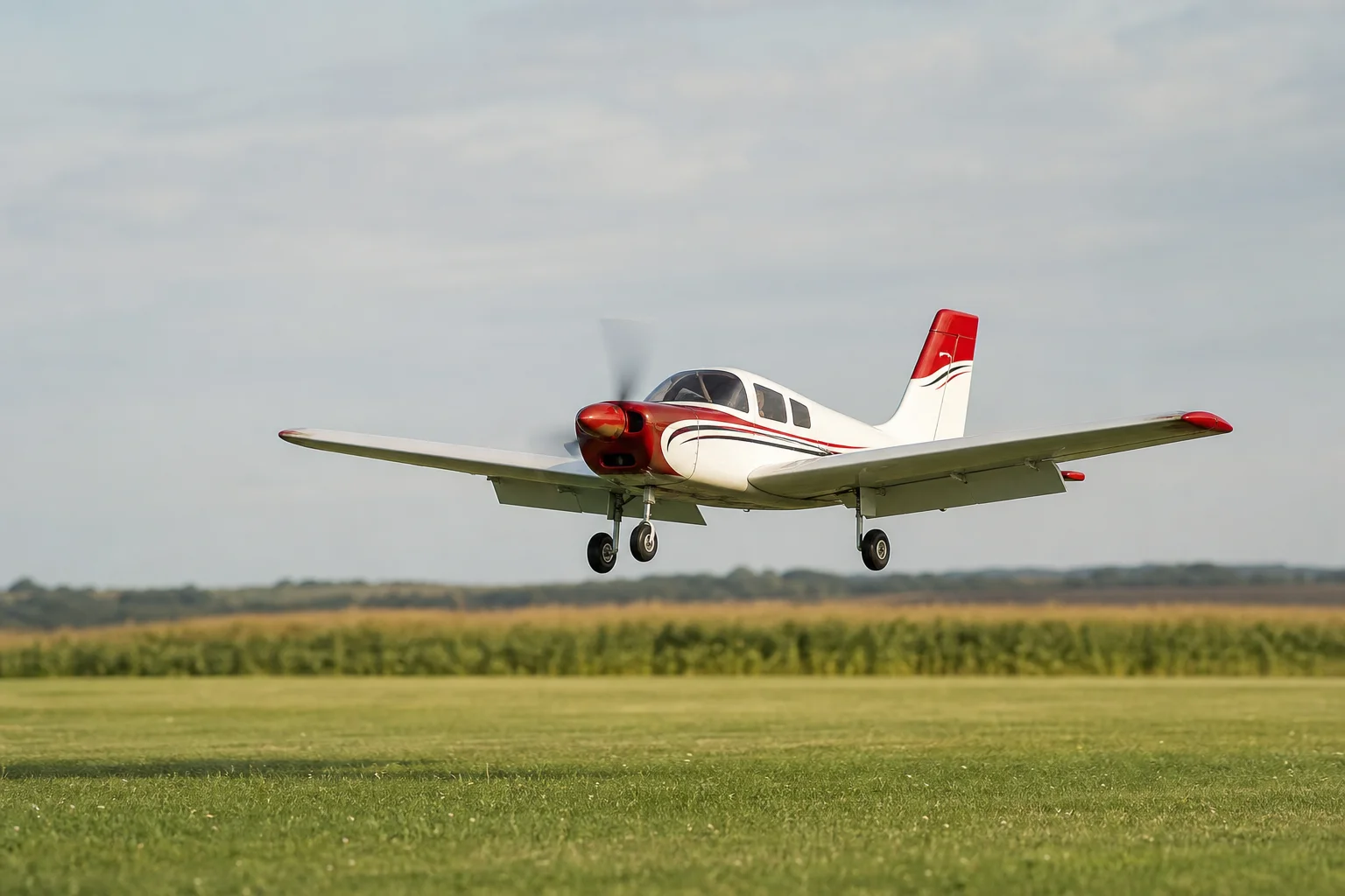 RC-Flugzeug im Landeanflug auf eine Grasfläche