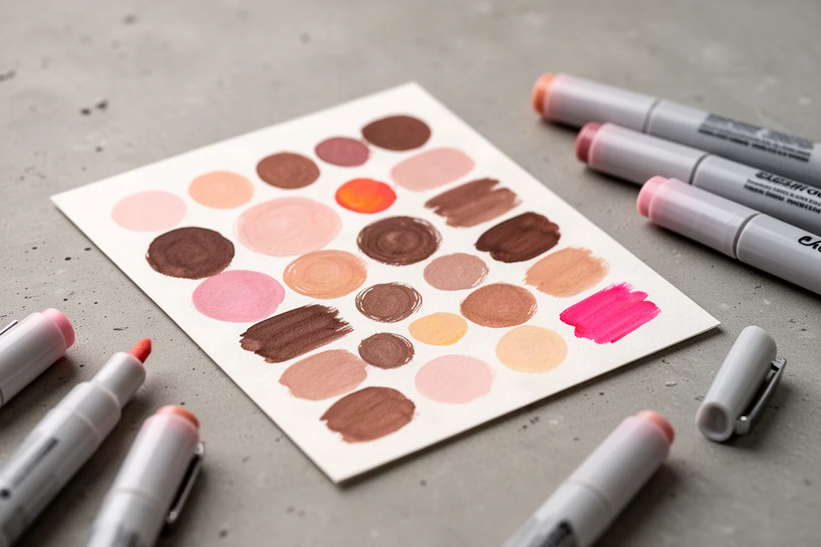 Carta con campioni di colori dipinti a mano che mostra la stratificazione dei colori dei marker acrilici
