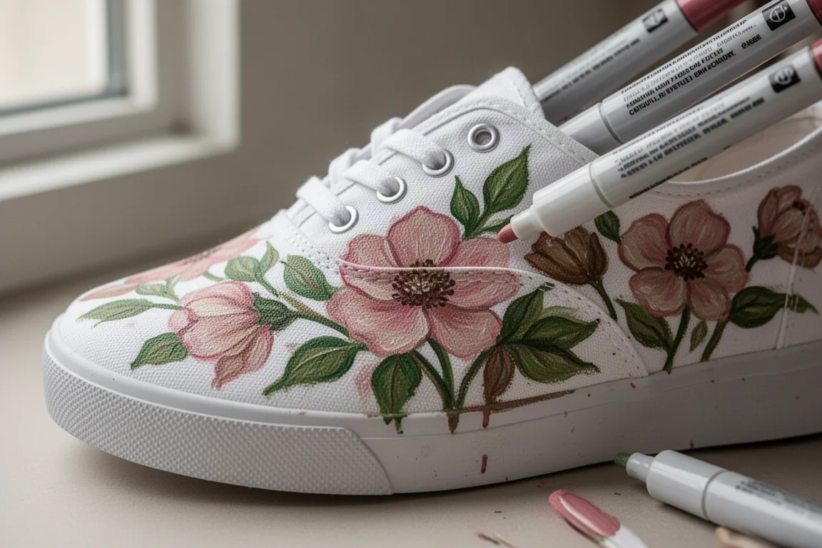 Disegno floreale dipinto su una scarpa bianca in canvas con marker acrilici