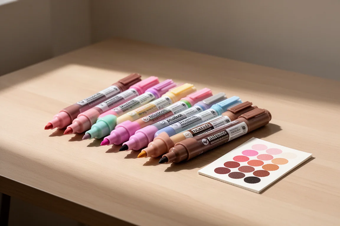 Row of acrylic paint markers with bullet nibs on a wooden desk beside a swatch card