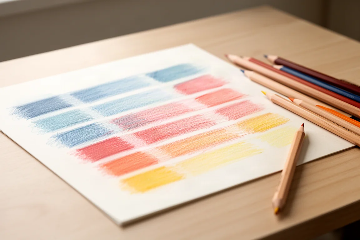 Artista aplicando muestras de color de una fila de lápices de colores sobre una hoja de muestras en un escritorio